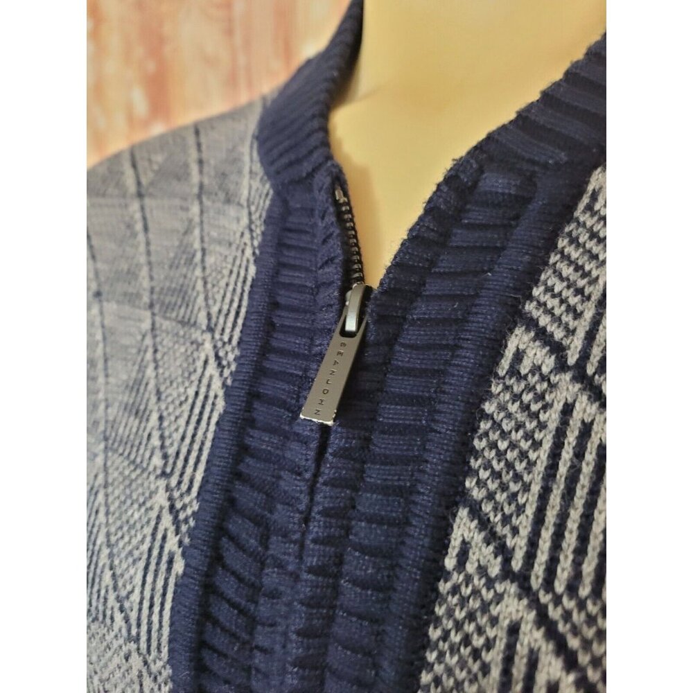 Sean John Men Sweater Full Zip Cardigan Navy Blue Gray Long Sleeve Size L - Picture 8 of 12